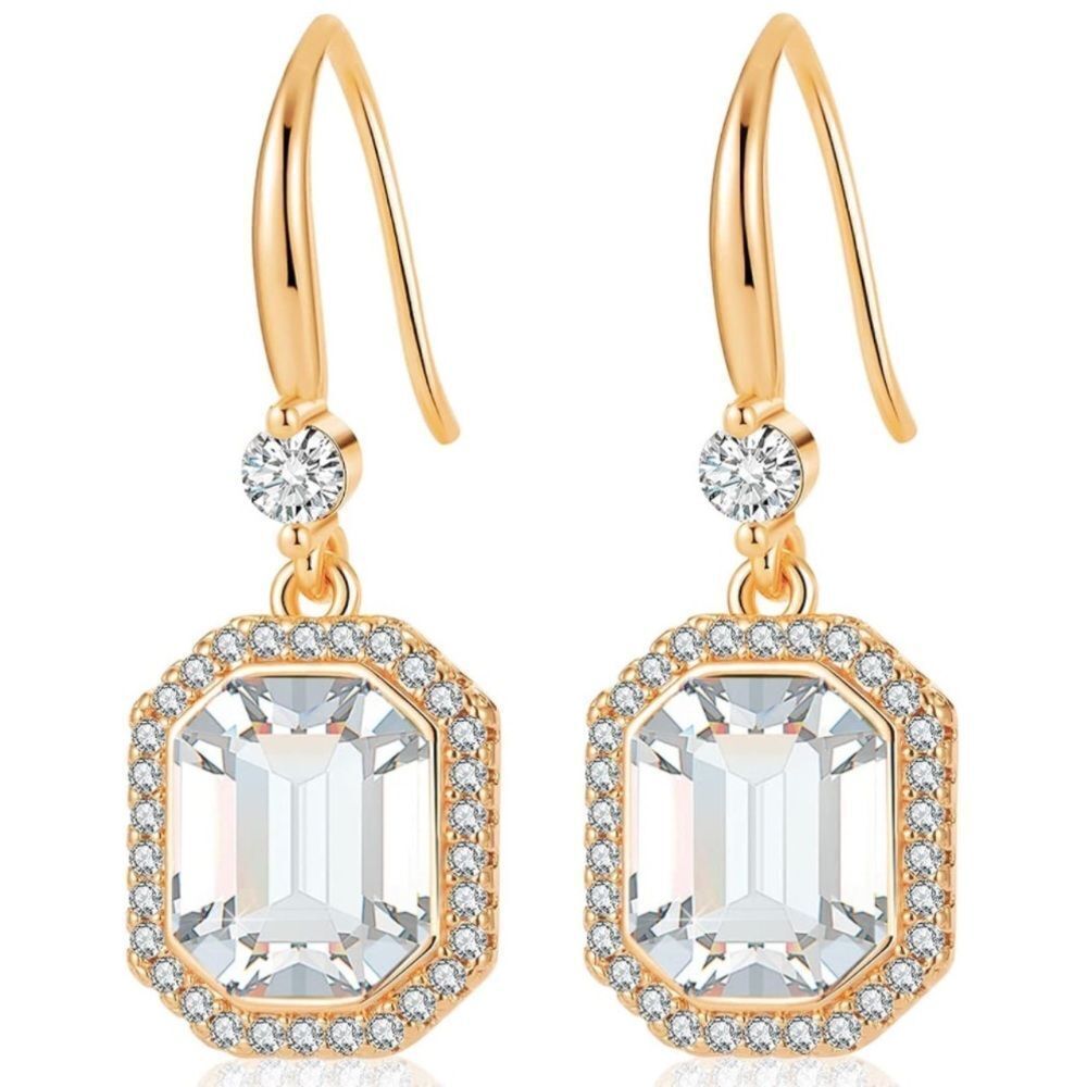 14K Yellow Gold with White Diamond Austrian Crystal Octagon Halo Hook Earrings